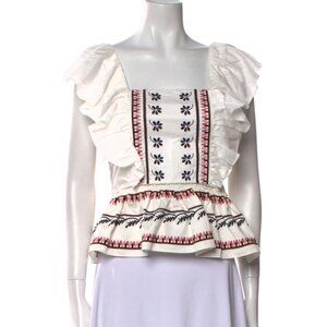 NWT LUG VON SIGA Jade Ruffled Shirred Embroidered Cotton-Poplin Top, 40 FR